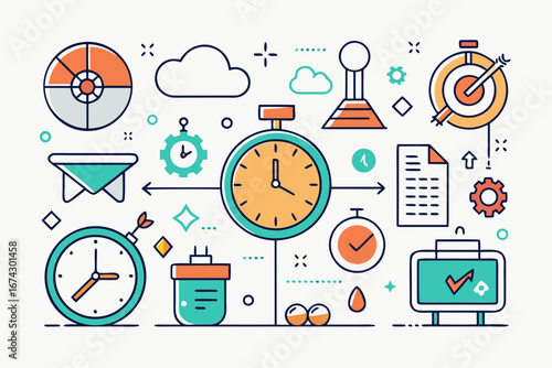 Achieve goals with precision and efficiency, visualizing project management, time tracking, and strategic planning with modern icons and concepts for business success.