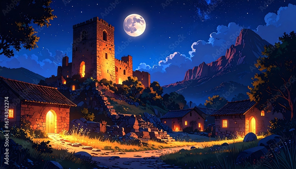 Fototapeta premium A medieval village bathed in the ethereal glow of the moon, nestled below ancient mountains