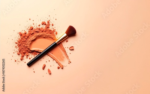 Makeup brush on a powder foundation base in brown tones and highly textured, with copy space.