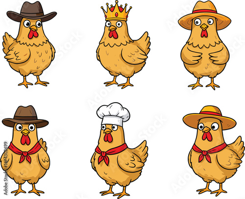 Funny chicken cartoon illustration wearing different hats, farm animal character design, poultry vector artwork, humorous rooster drawing, cute mascot, creative decoration