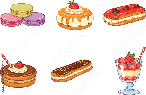 Colorful cartoon dessert set, delicious macarons, creamy pastries, strawberry eclairs and parfaits, flat vector illustration for sweet designs