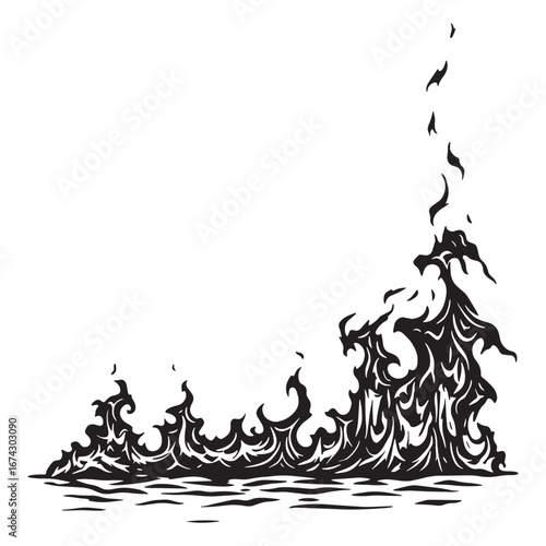 Stylized black and white vector drawing of a burning fire. Hand-drawn vintage flame and ember graphic design element isolated on a white background