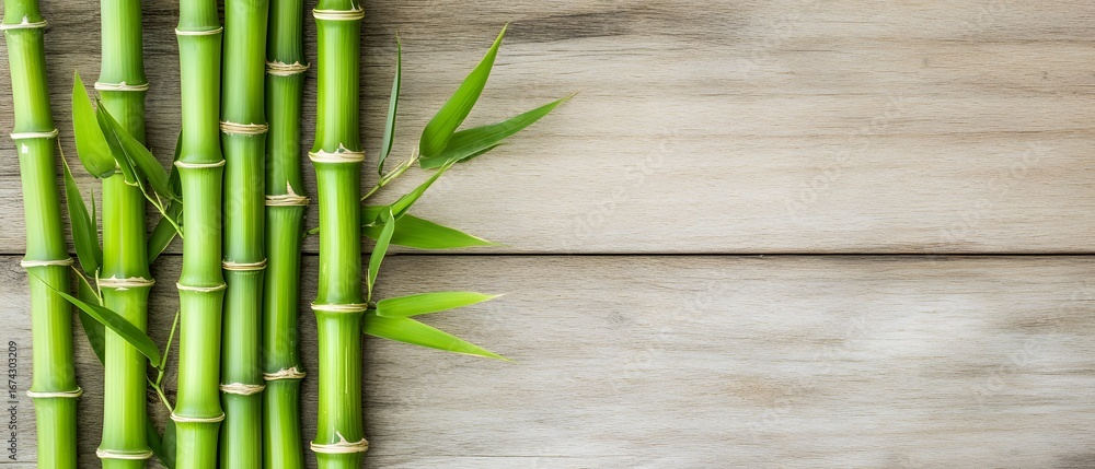 Obraz premium Fresh Green Bamboo Shoots on Wooden Background