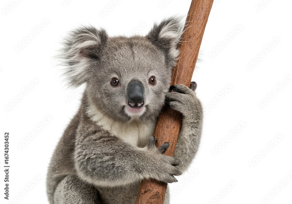 Naklejka premium Cute Gray Koala Clinging to Tree Branch in White Background