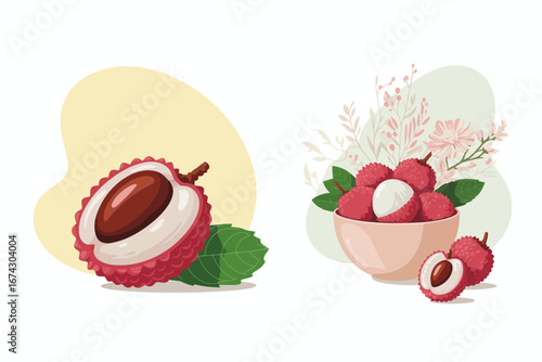 Delicious Lychee Fruit Illustration with Bowl and Flowers Tropical Exotic Fruit Goodness Healthy and Vibrant Culinary Concept
