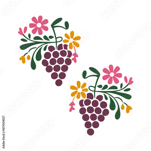 Grape Fruits With Green Leaf Icons Vector Illustrtion