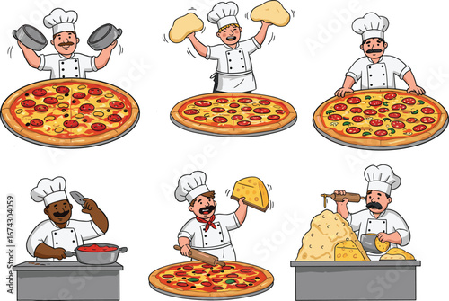 Cartoon chefs cooking pizza with cheese, dough, tomato sauce, Italian food preparation, kitchen illustration, bakery restaurant menu design, delicious vector artwork
