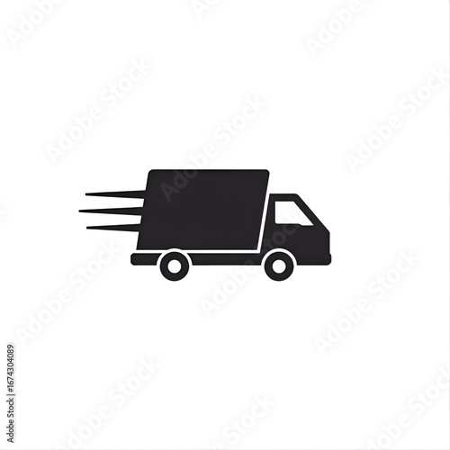 outlined vector icon of delivery truck, thin lines, flat minimal design, motion speed effect, black and white