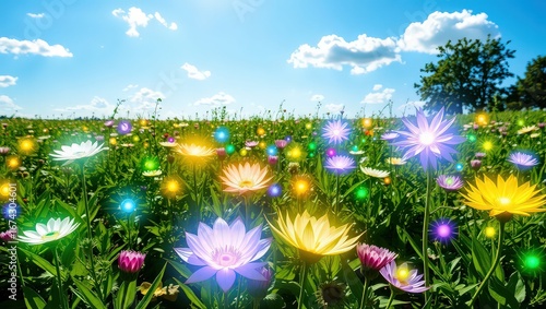 
Luminous Meadow: a vibrant, magical field of glowing flowers under a bright, sunny sky