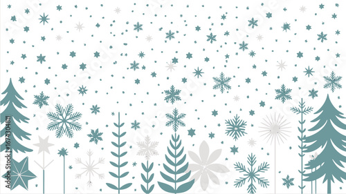Festive winter scene with falling snowflakes and stylized evergreen trees creating a cheerful holiday mood