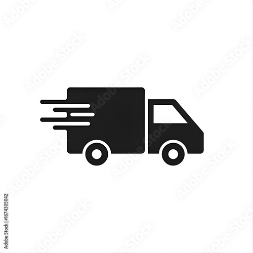 minimal vector icon of delivery truck, flat design, black and white, isolated on white background, fast delivery concept with motion speed lines, simple silhouette, suitable for app icon and web desig