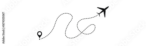 Airplane with dotted line route. flying plane with twisted, curved and straight dashed trace path Vector eps 10