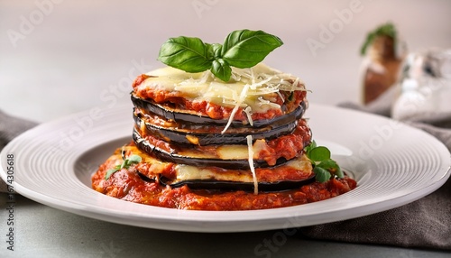 vegan eggplant parmesan stacked with layers of marinara and fresh basil on a white plate against a neutral background