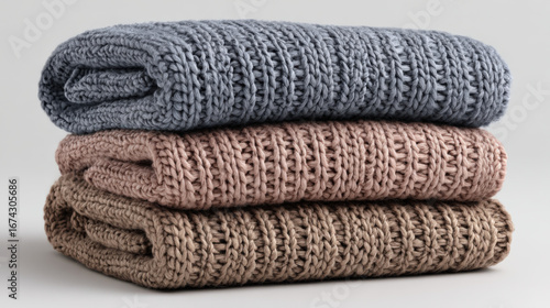 Cozy, stacked knitted blankets in blue, pink, and brown arranged neatly against a plain background showcasing texture and warmth