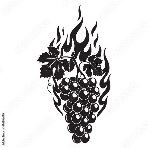Monochrome stylized design of a flaming grape cluster with leaves on a vine. An intense and powerful vector graphic illustration for creative projects and emblems