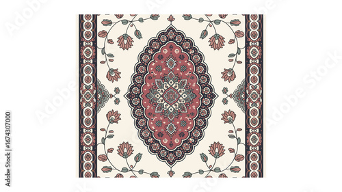 Elegant Ornamental Rug Design with Vintage Floral Patterns: An Aesthetic Carpet for Digital Projects with Traditional and Unique Seamless Borders and Textures