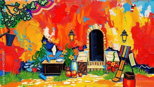 
Vibrant and Abstract Painting of a Colorful Courtyard with a Doorway, Flowers, and Stylized Objects