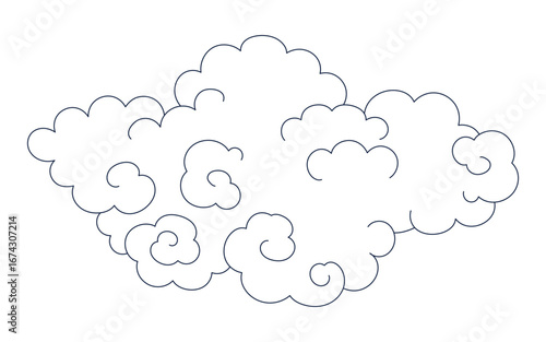 Traditional Asian cloud, cumulus cloud, line drawing, blue outline, isolated on transparent. Hand drawn vector illustration. Buddhist thangka art. Chinese, Japanese, Korean design element, clip art
