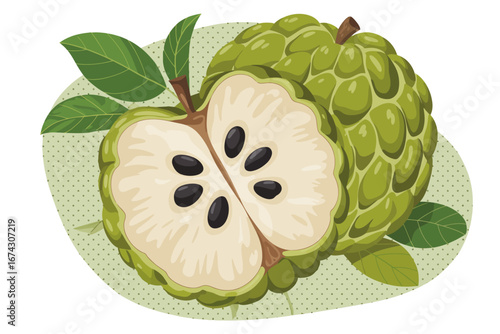Delicious Annona Fruit Illustration Close-up of Custard Apple with Seeds, Leaves