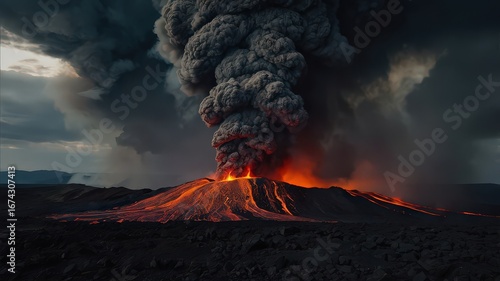 
Vast Volcanic Eruption with a Massive Plume of Ash and Rivers of Molten Lava Spilling Across the Blackened Landscape
