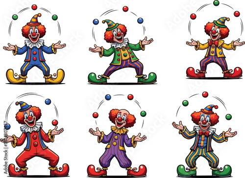 Funny circus clown characters juggling colorful balls, cartoon vector illustration, carnival entertainment, comedy show, festival artwork, playful design, children amusement