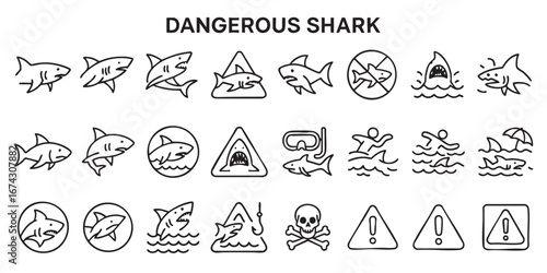 set of contour vector icons of a dangerous shark Vector on a gray background