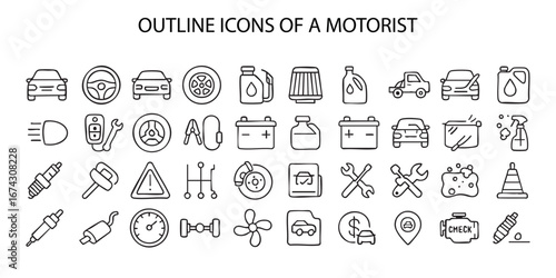 outline icons related to the automobile, as indicated by the inscription “AUTOMOBILIST OUTLINE PICNOGRAPHICS” at the top