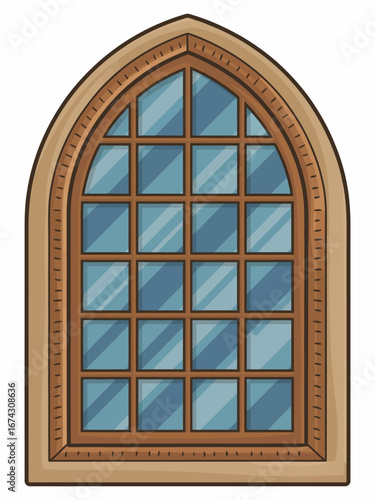 Classic arched window illustration with a beautiful wooden frame and clear glass panes, an architectural element for historical building designs and elegant visual projects.
