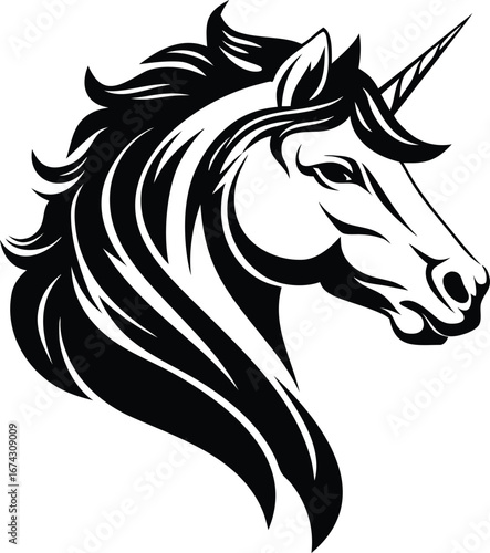 Unicorn head silhouette with flowing mane and spiraled horn, elegant fantasy profile on white background