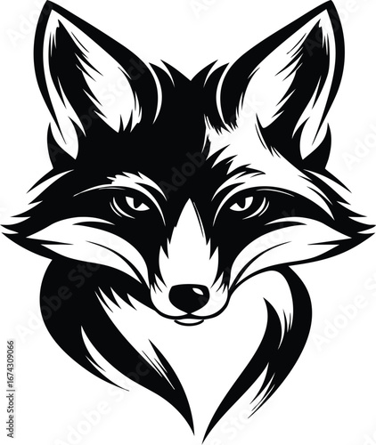 Fox head silhouette with sharp ears, intense gaze, and stylized fur details on white background