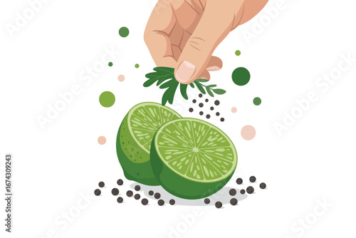 Illustration of Two Lime Halves with Sprinkled Parsley and Pepper for Cooking or Cocktail Preparation Fresh and Zesty