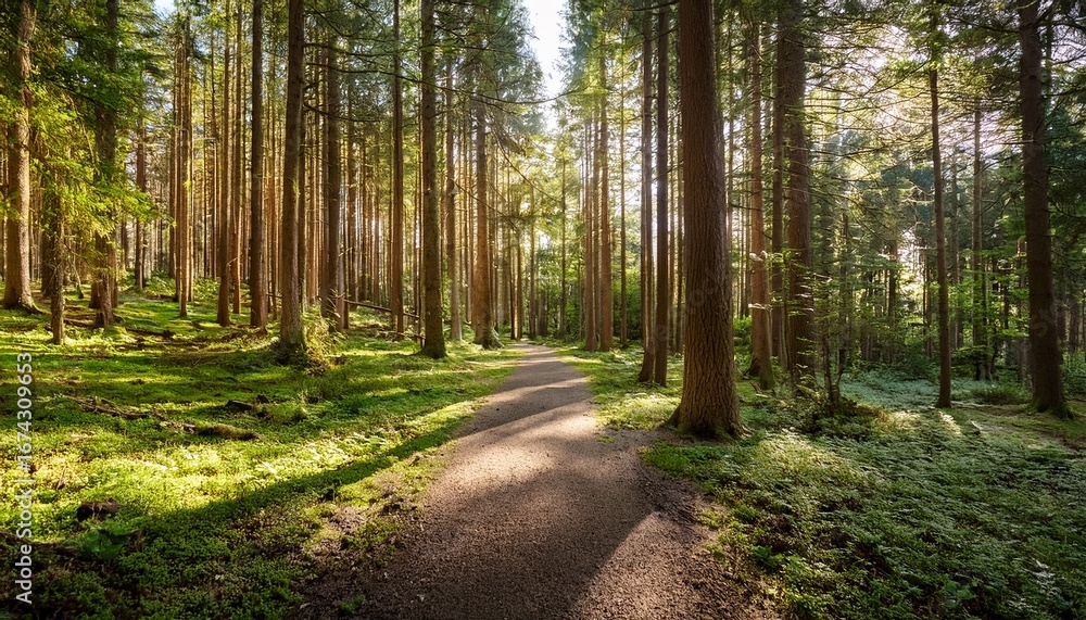 Fototapeta premium peaceful walking path surrounded by tall pine trees in a serene forest during a sunny day