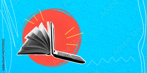 Trendy halftone collage in pop art style. Open book and laptop with copy space on blue background. Education and work concept.