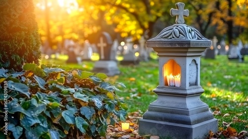 Autumn Cemetery Scene with Lit Candles and Crosses
