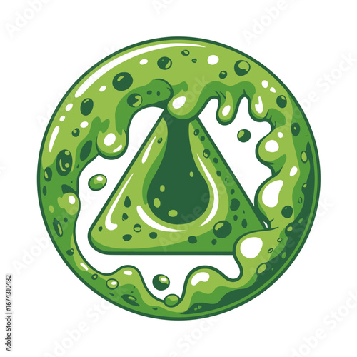Radioactive Green Liquid Encapsulated in Triangle with Droplets and Rounded Frame Illustration Conceptually Representing Hazardous Materials and Contamination Safety Warning Symbol