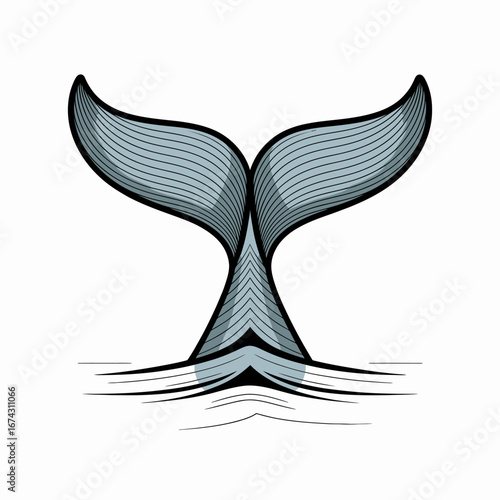 Whale tail emerging from water artistic vector illustration in light blue and gray tones against a white background for marine life concepts