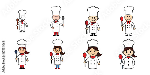 Collection of cartoon chefs in uniform holding spoons on a white background