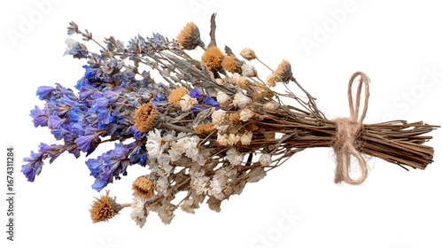 Bouquet of dried wildflowers tied with twine on white background. 