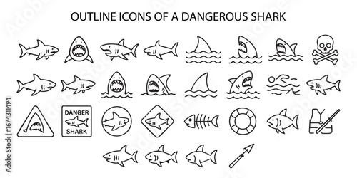 A set of linear icons titled “OUTLINE ICONS OF A DANGEROUS SHARK.” The set includes icons depicting sharks in various poses and angles.