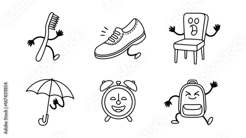 Vector art of collection of anthropomorphic everyday objects with faces and limbs, walking and expressing emotions
