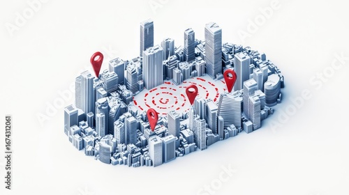 Aerial view of a modern cityscape with location markers highlighting key areas of interest in an urban environment.
