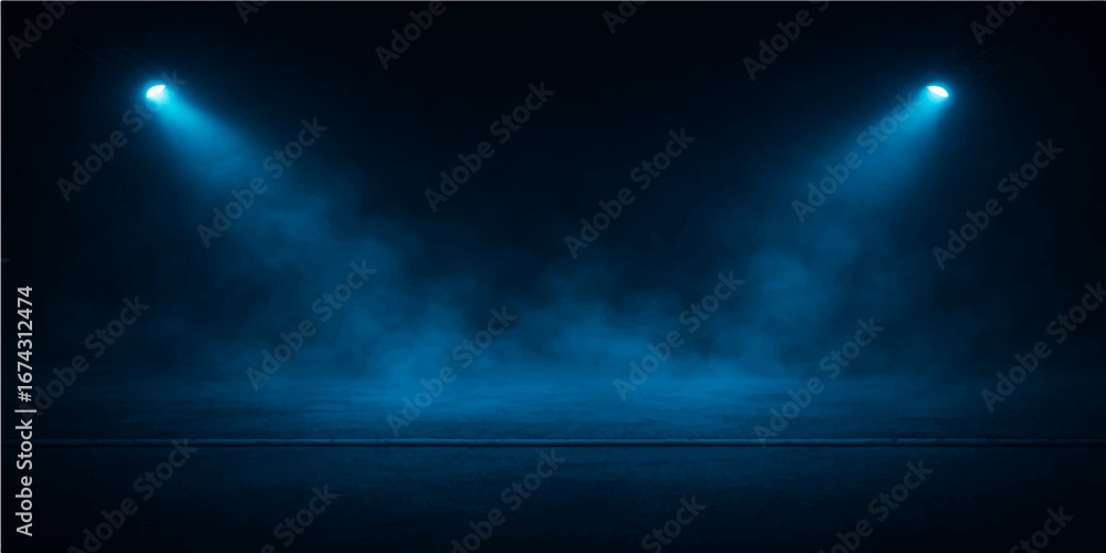 Fototapeta premium Blue moonlight beams pierce through a smoky, textured cloudscape, casting a bright spotlight on the stage