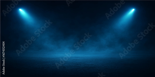 A bright spotlight pierces the blue sky like a star, glowing through the smoke and dark clouds of a night storm