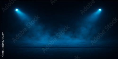 Blue moonlight beams pierce through a smoky, textured cloudscape, casting a bright spotlight on the stage