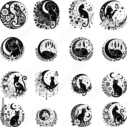 Celestial Cat Moon Florals eps bundle
