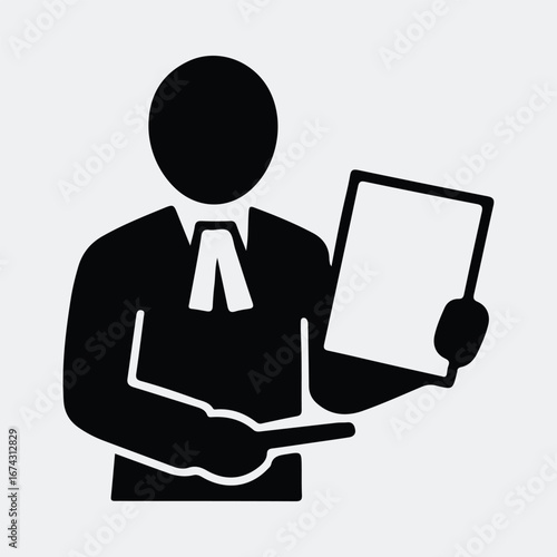 Silhouette lawyer presenting document icon in black and white vector illustration