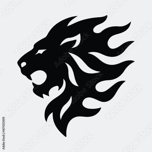 Silhouette Lion head with fire flames mane vector illustration