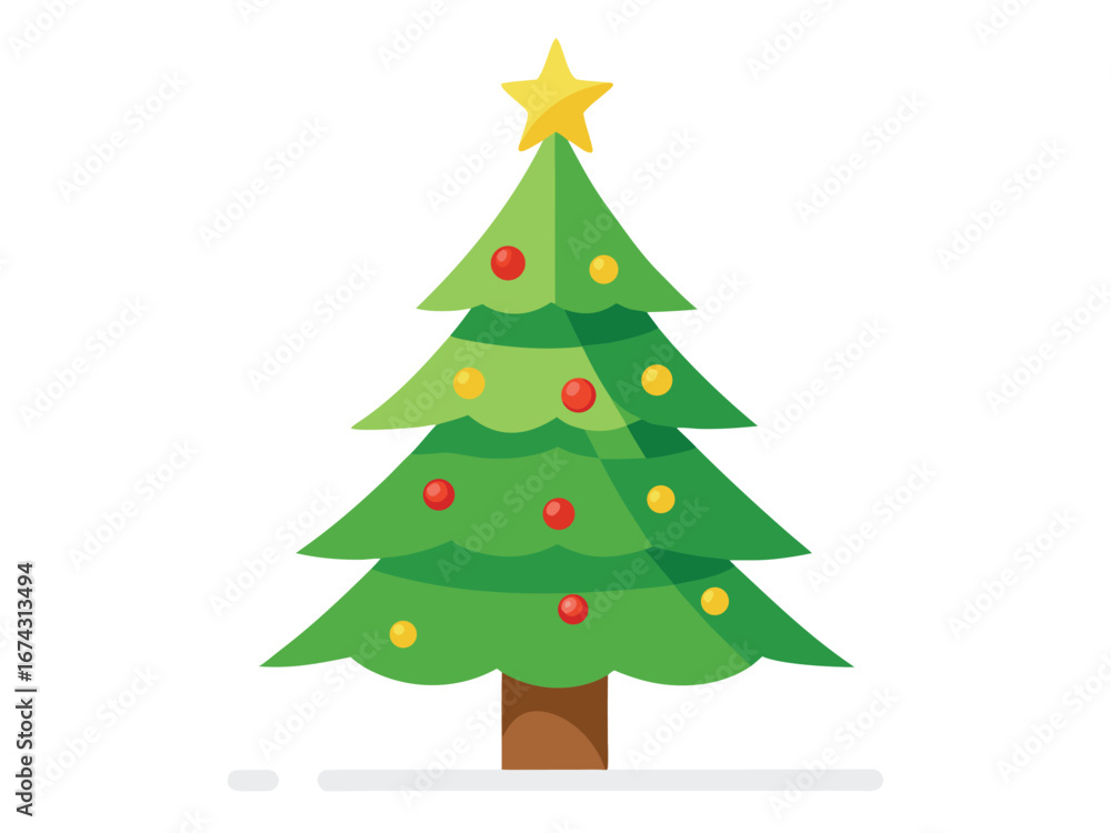 Fototapeta premium Christmas Tree with Star Topper and Ornaments for Holiday Season Celebrations, Christmas tree vector isolated on white background