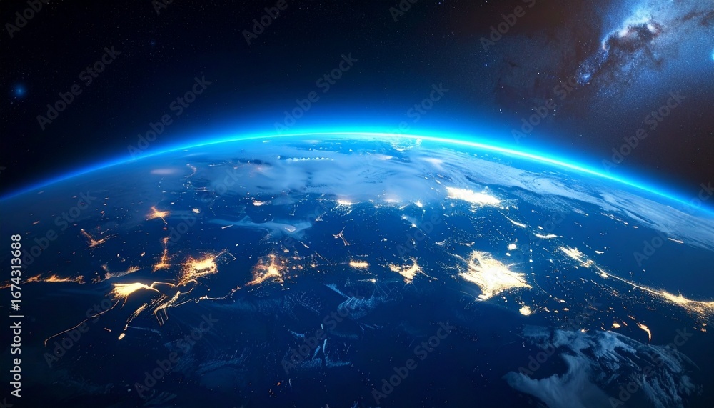 Fototapeta premium Earth at Night: Stunning View of City Lights from Space - preservation of the ozone layer
