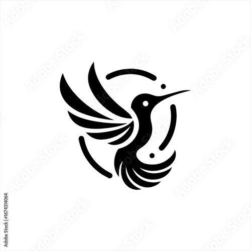 Stylized black hummingbird logo design with circular elements